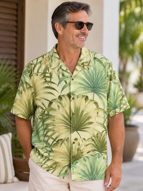 Tommy Bahama Shirt Men XL Green Tropical Palm Leaf 100% Silk Hawaiian Button Up